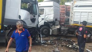 PTT'nin kargo aracı park halindeki tırların arasına daldı