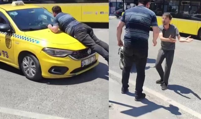 Pendik'te ilginç olay: Taksinin kaputuna çıkıp camı patlattı