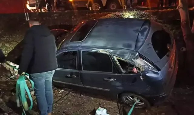 Otomobil, bahçeye düşüp, ağaca çarptı; hamile sürücü yaralandı