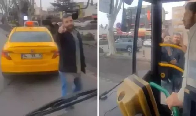 Fatih'te taksici İETT otobüsünün önünü kesti; yolcu 'Ben polisim seni alırım' dedi